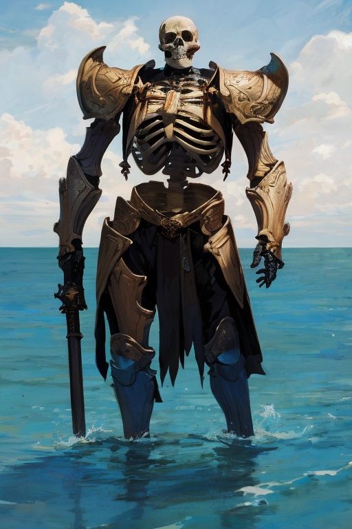 incredibly absurdres,absurdres,realistic,no humans,<lora:human skeleton:0.8>,human skeleton,weapon,over the sea,full_armor,