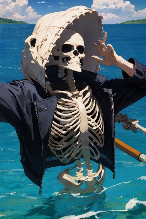 incredibly absurdres,absurdres,realistic,no humans,<lora:human skeleton:0.8>,human skeleton,weapon,over the sea,t-shirt,jacket,