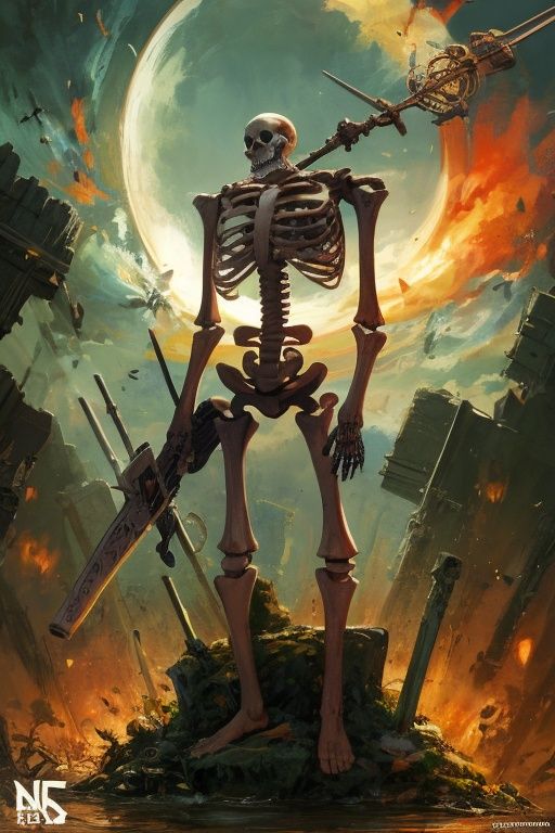 incredibly absurdres,absurdres,realistic,no humans,<lora:human skeleton:0.8>,human skeleton,weapon,