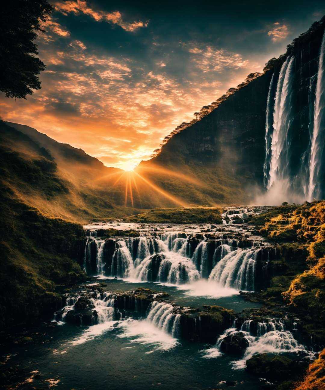 mj,  waterfall,  sunset on Tensor.Art