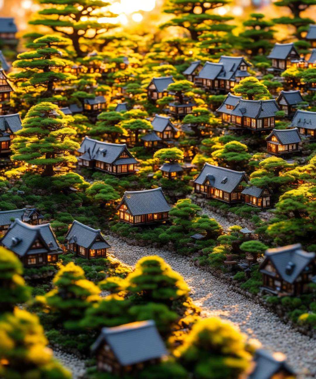 extremely detailed micro photo of a miniature village made of houses and bonsai trees in golden hour on Tensor.Art