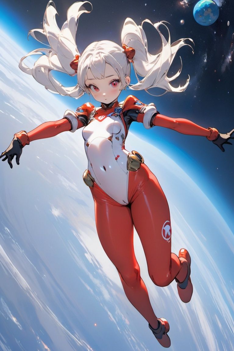 Animation style, MG_jixie,  1girl,  solo,  twintails,  white hair,  long hair,  bodysuit,  space,  breasts,  parted lips,  looking at viewer,  medium breasts,  science fiction,  gloves,  floating hair,  planet,  skin tight,  floating,  white bodysuit,  sky,  spacesuit,  red gloves,  machine,  Looking Angle,  Outer space, <lora:EMS-36468-EMS:1.200000>
