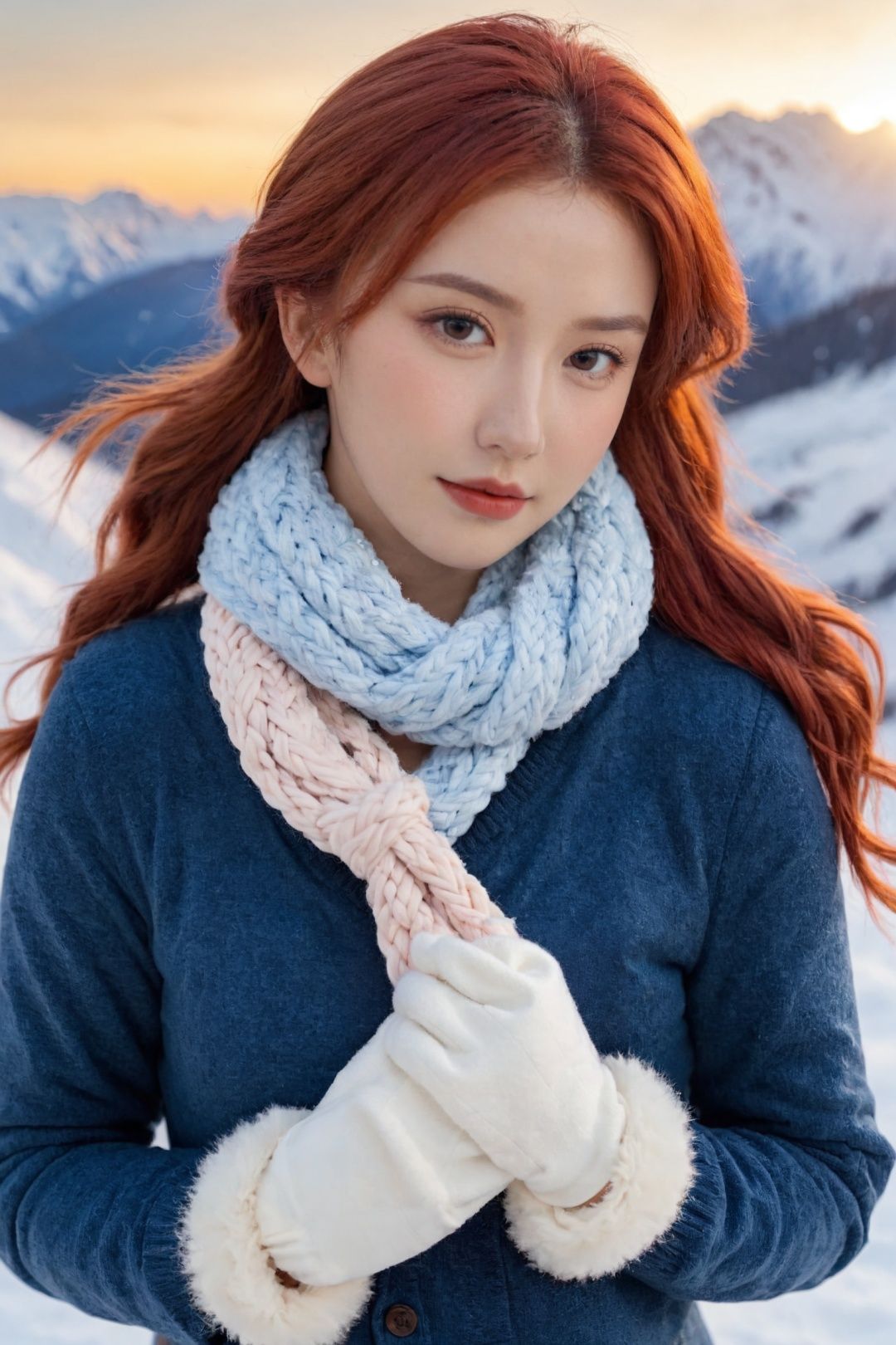 <lora:sdxl_M-000005:0.6>,(Snow Mountain_RZJS:1.3),sky,cloud,1girl,looking at viewer,red hair,insert your hands into your pockets,a furry scarf,braided hair,sunrise,