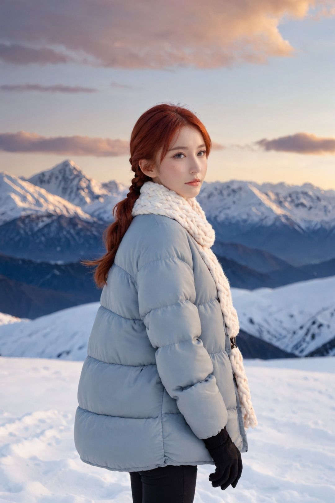 <lora:sdxl_M-000005:0.6>,(Snow Mountain_RZJS:1.3),sunrise,sky,cloud,1girl,looking at viewer,red hair,insert your hands into your pockets,a furry scarf,braided hair,puffer_jacket,