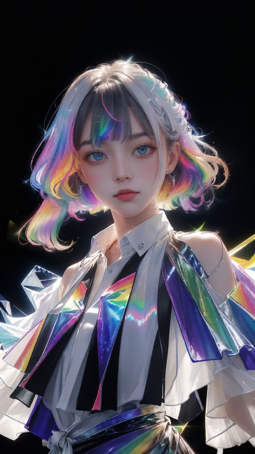 masterpiece, best quality,highres, 1girl, tall, long stright hair, perfect stature, white dress, fashion pose, bangs, look_at_viewer, chromatic dispersion,metallic_lustre, see_through, (tansparent_plastic:1.3), coloured glaze, Polychromatic prism effect, rainbowcore, iridescence/opalescence, glowing colors, aluminum foil, Glowing ambiance, (portrait:1.5), black background, full_body, <lora:liuli2:0.7>