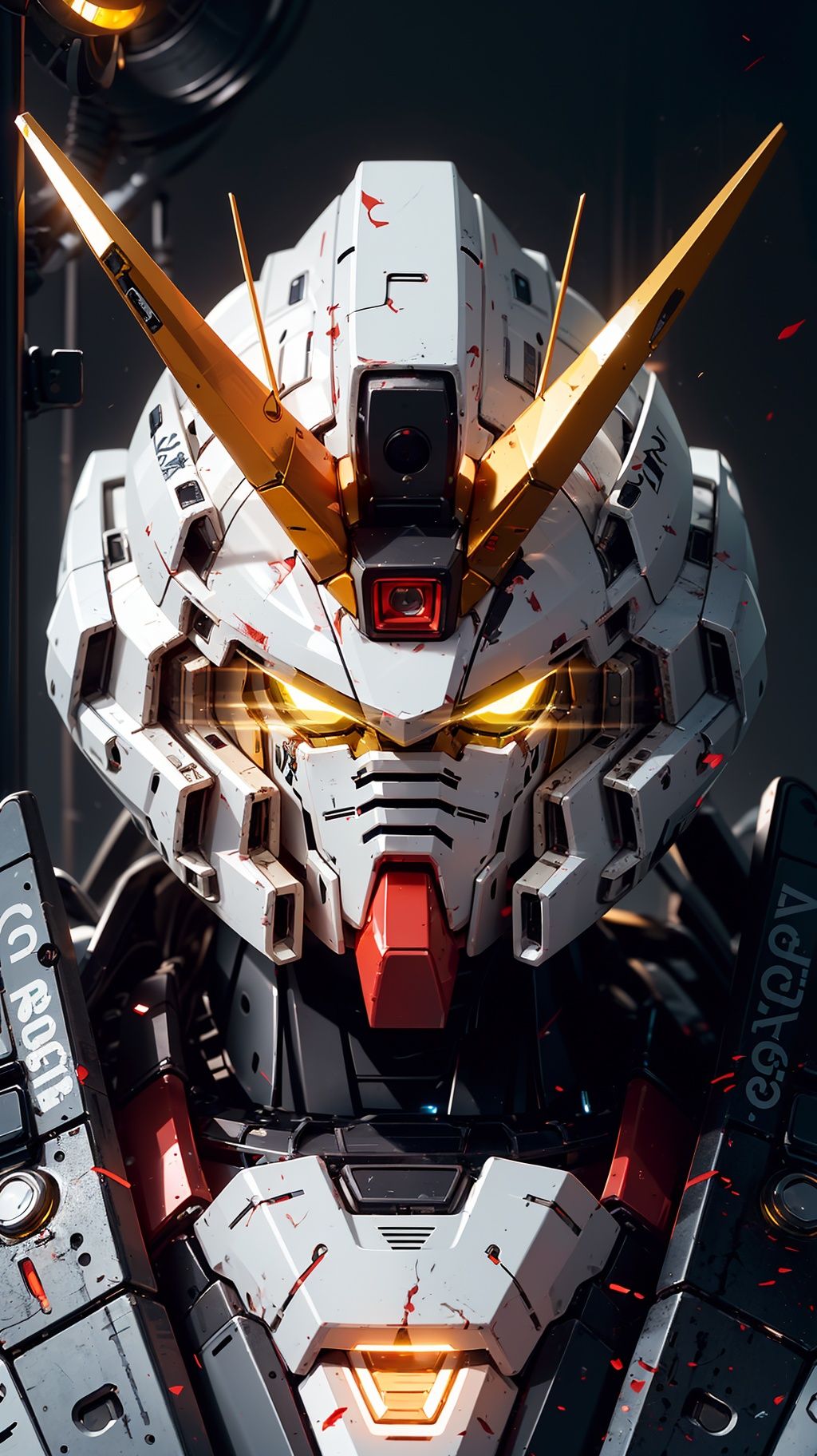 BJ_Gundam,solo,looking_at_viewer,yellow_eyes,no_humans,glowing,robot,portrait,mecha,glowing_eyes,science_fiction,straight-on,v-fin,mobile_suit,cinematic lighting,strong contrast,high level of detail,Best quality,masterpiece,<lora:Gundam_Mecha_v3.1:0.7>,