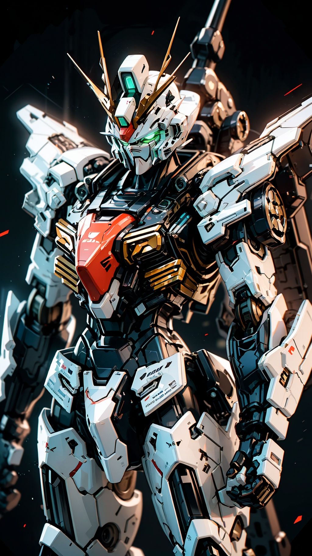 BJ_Gundam, solo, green_eyes, standing, weapon, no_humans, glowing, robot, mecha, clenched_hands, science_fiction, v-fin, mobile_suit,cinematic lighting,strong contrast,high level of detail,Best quality,masterpiece,<lora:Gundam_Mecha_v3.1:0.7>,