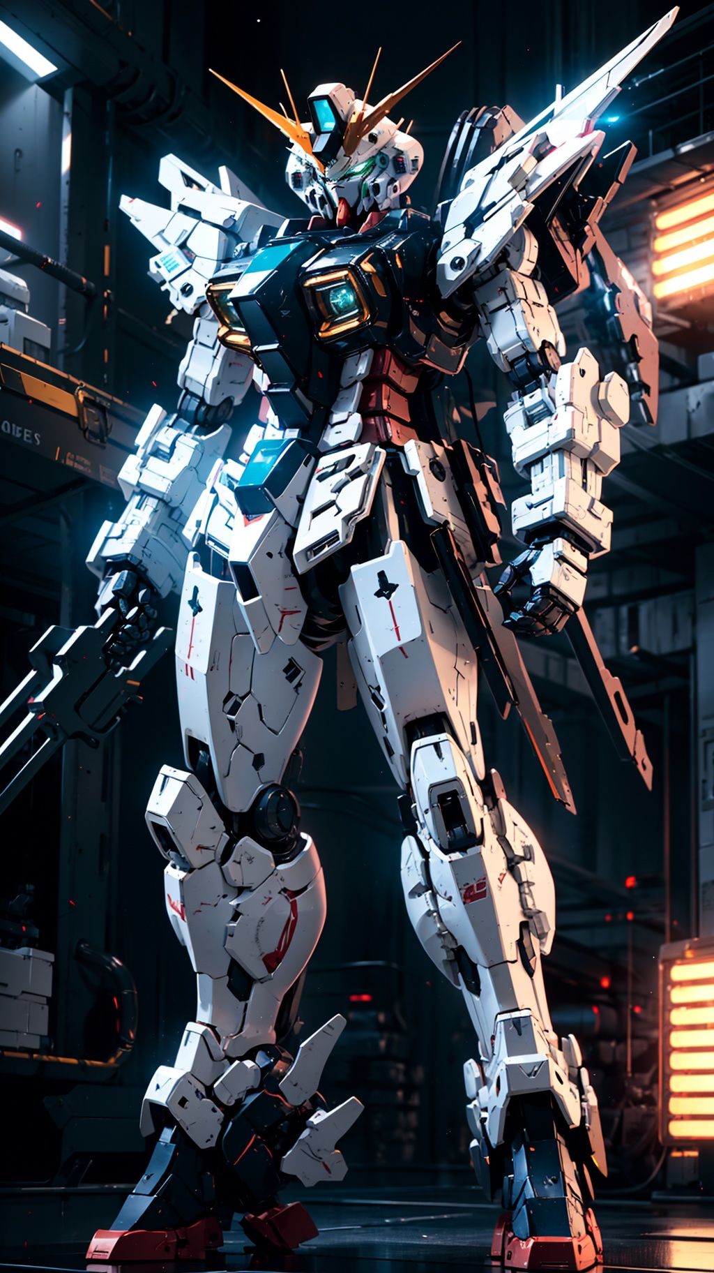 BJ_Gundam, solo, green_eyes, standing, weapon, no_humans, glowing, robot, mecha, clenched_hands, science_fiction, v-fin, mobile_suit,cinematic lighting,strong contrast,high level of detail,Best quality,masterpiece,<lora:Gundam_Mecha_v3.1:0.7>,