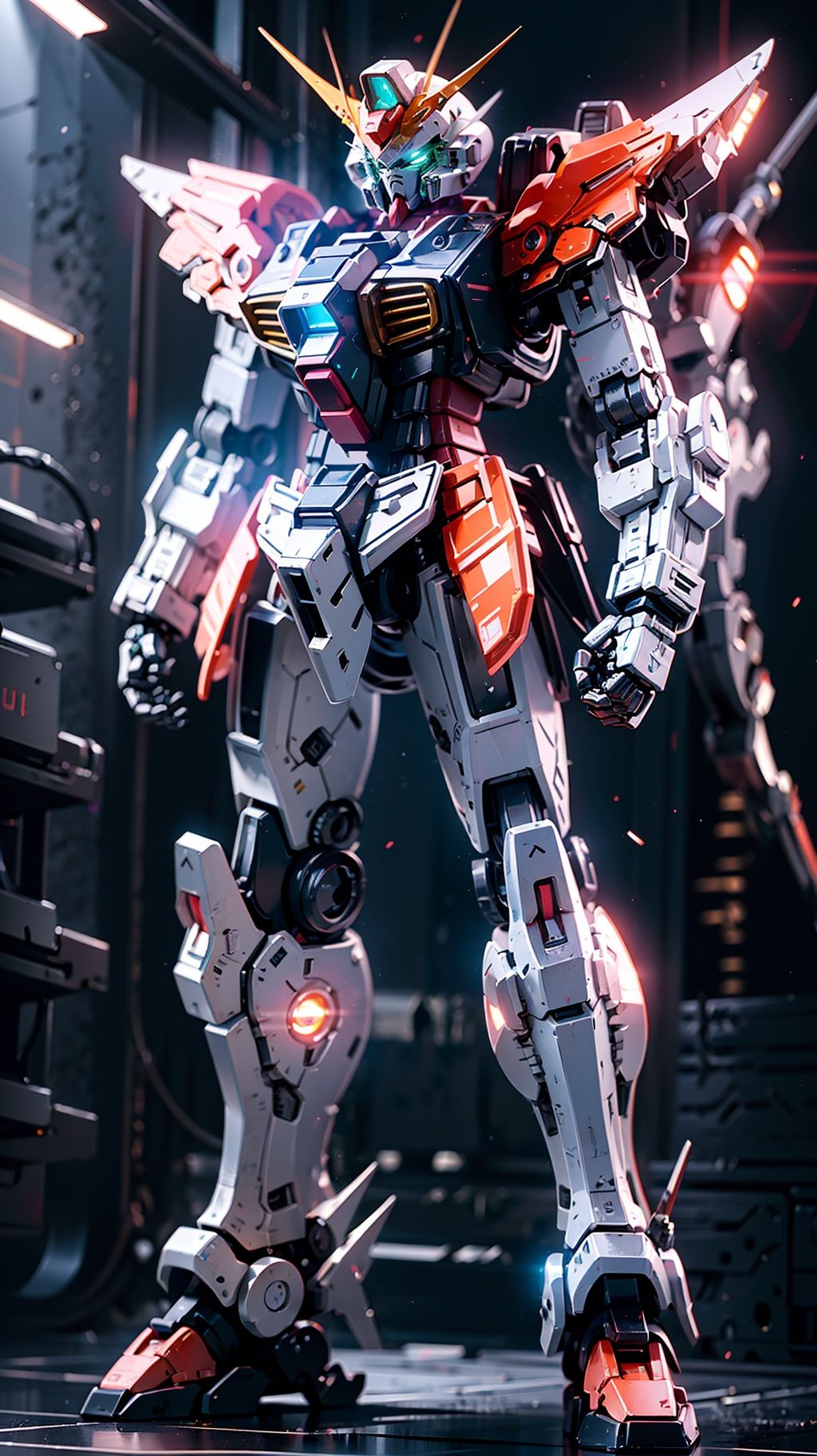 BJ_Gundam, solo, green_eyes, standing, weapon, no_humans, glowing, robot, mecha, clenched_hands, science_fiction, v-fin, mobile_suit,cinematic lighting,strong contrast,high level of detail,Best quality,masterpiece,<lora:Gundam_Mecha_v3.1:0.7>,