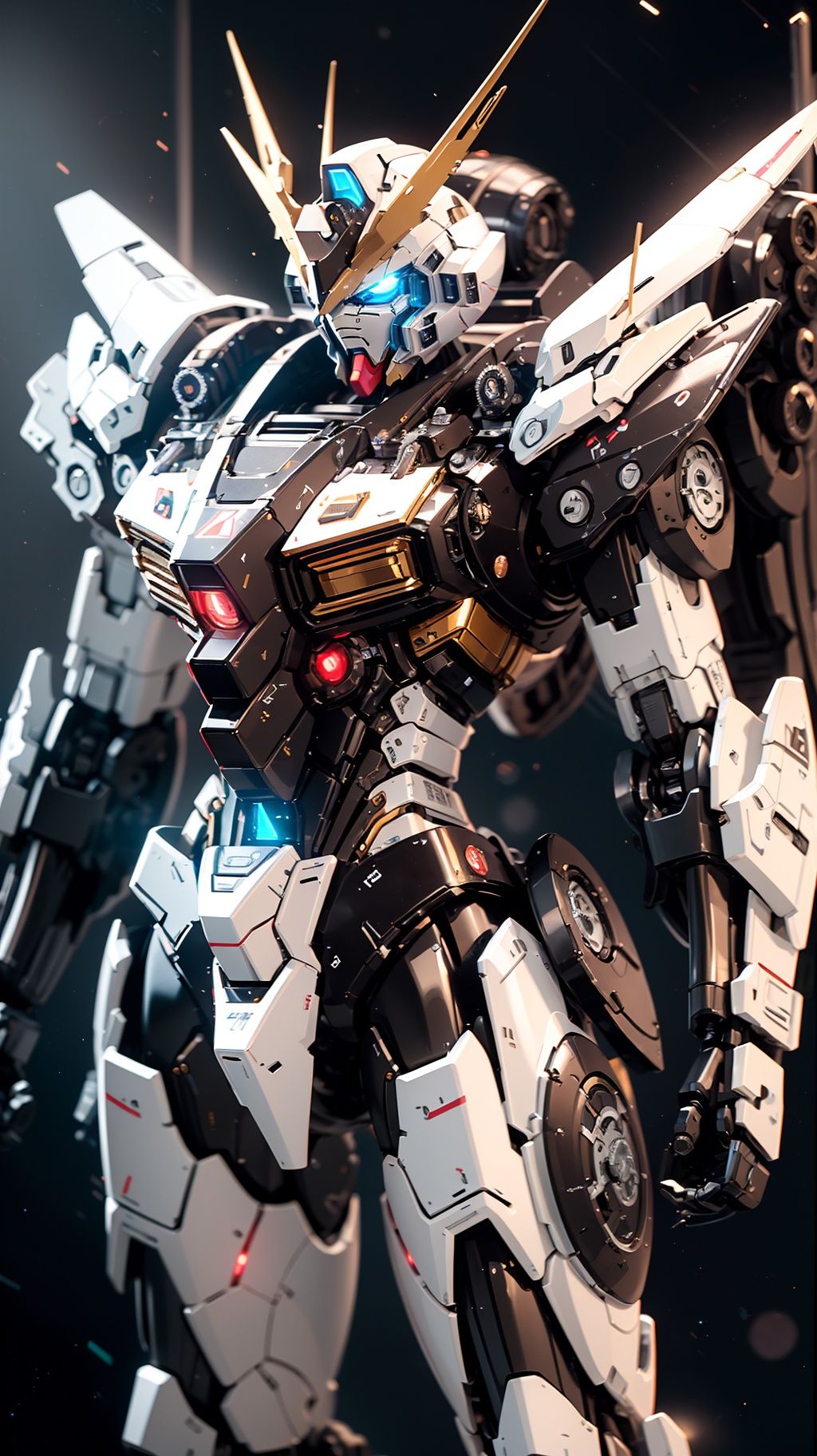 BJ_Gundam, solo, blue_eyes, no_humans, glowing, robot, mecha, glowing_eyes, science_fiction, space,cinematic lighting,strong contrast,high level of detail,Best quality,masterpiece,<lora:Gundam_Mecha_v3.1:0.7>,