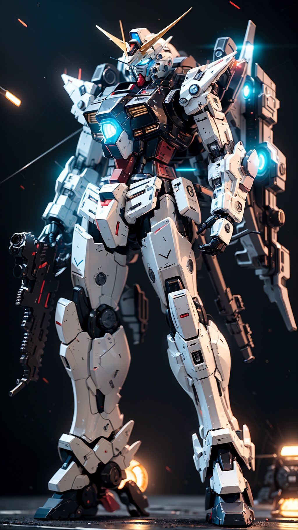 BJ_Gundam,solo,blue_eyes,standing,weapon,gun,no_humans,glowing,robot,mecha,science_fiction,space,v-fin,energy_gun,mobile_suit,beam_rifle,cinematic lighting,strong contrast,high level of detail,Best quality,masterpiece,<lora:Gundam_Mecha_v3.1:0.7>,