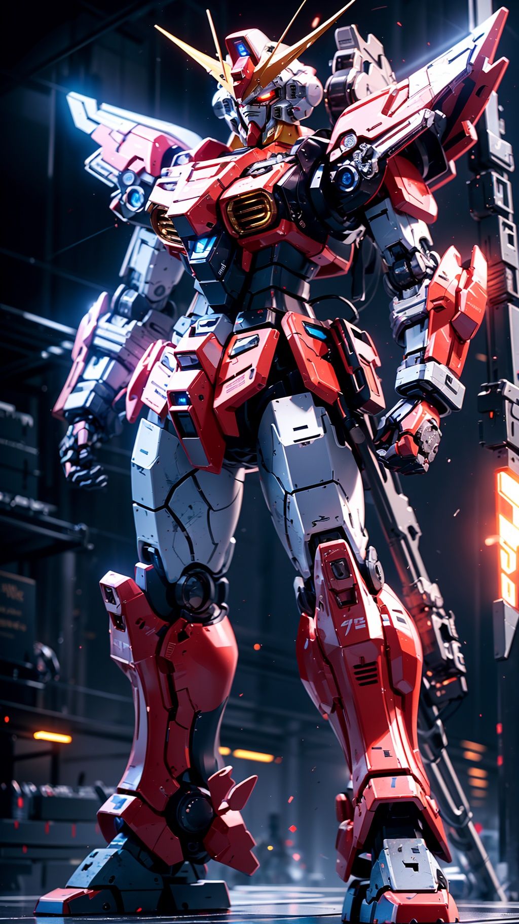 BJ_Gundam, solo, red_eyes, standing, no_humans, glowing, robot, mecha, glowing_eyes, clenched_hands, science_fiction, v-fin,cinematic lighting,strong contrast,high level of detail,Best quality,masterpiece,<lora:Gundam_Mecha_v3.1:0.7>,