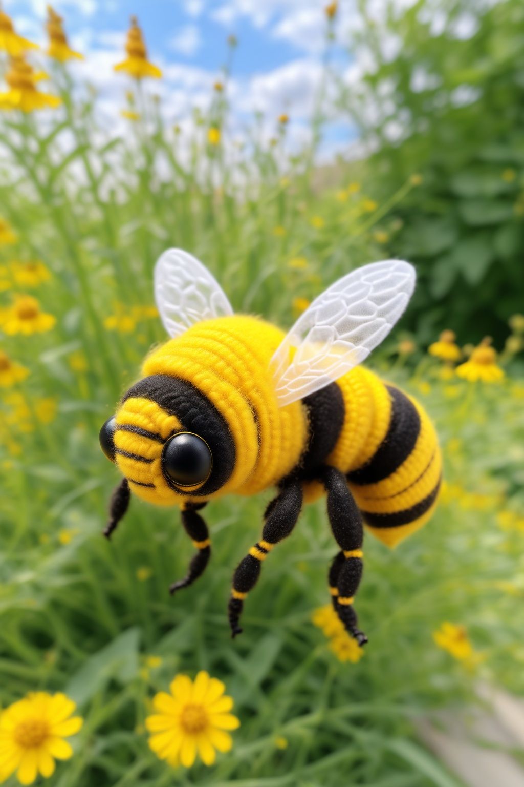 BJ_Sewing_doll, Bees, solo, flower, outdoors, wings, sky, day, cloud, blurry, tree, blue_sky, pokemon_\(creature\), no_humans, bug, realistic, yellow_flower, antennae, animal_focus, insect_wings,photo,8k,highly detailed,digital photography,hdr,realistic,high definition,<lora:SDXL_Sewing_dol_v2:0.7>,