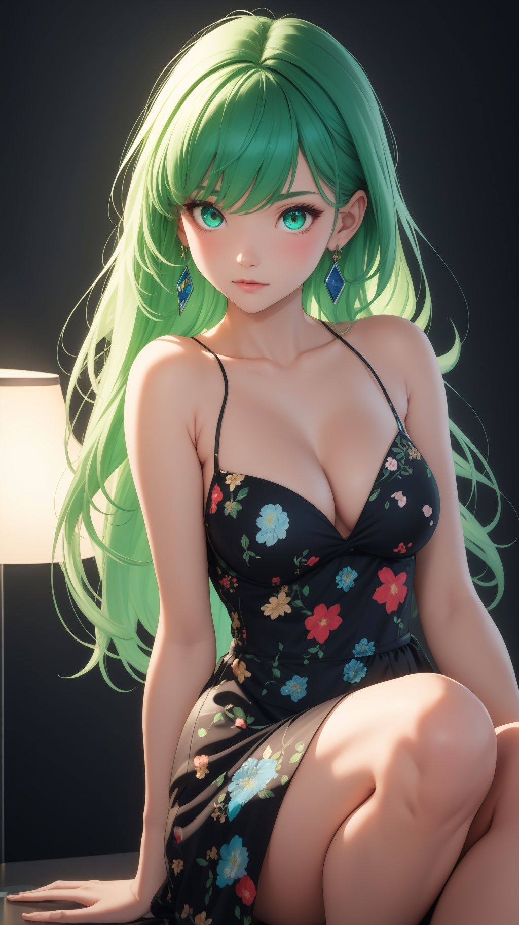 A beautiful girl with off-white long hair,  white luminous eyes,  green luminous earrings on Tensor.Art