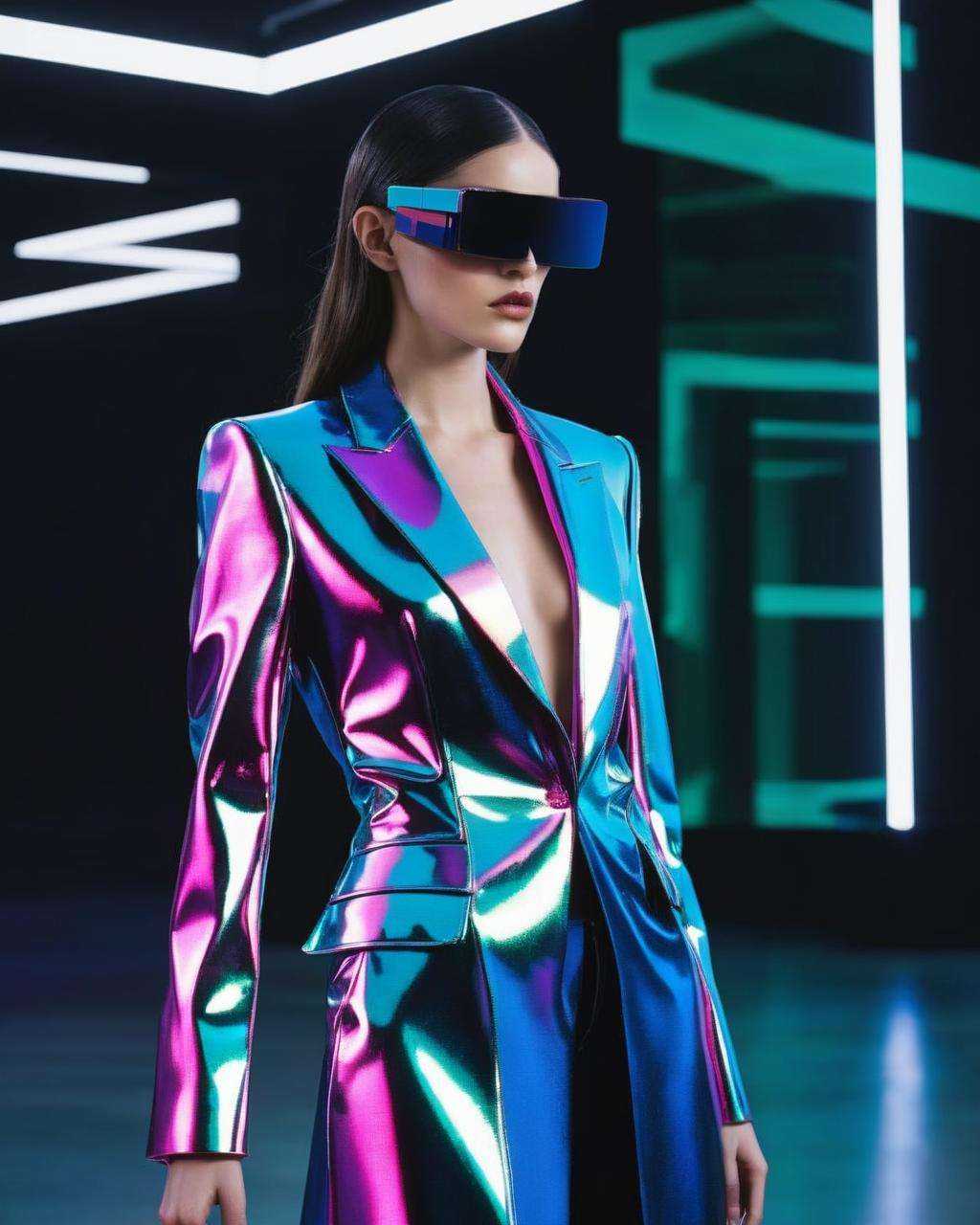 A virtual rebel redefines elegance with post-human posh, donning glitched chic attire that blurs the boundaries between avant-garde and fashion-forward.<lora:M_Fashion:1.0>