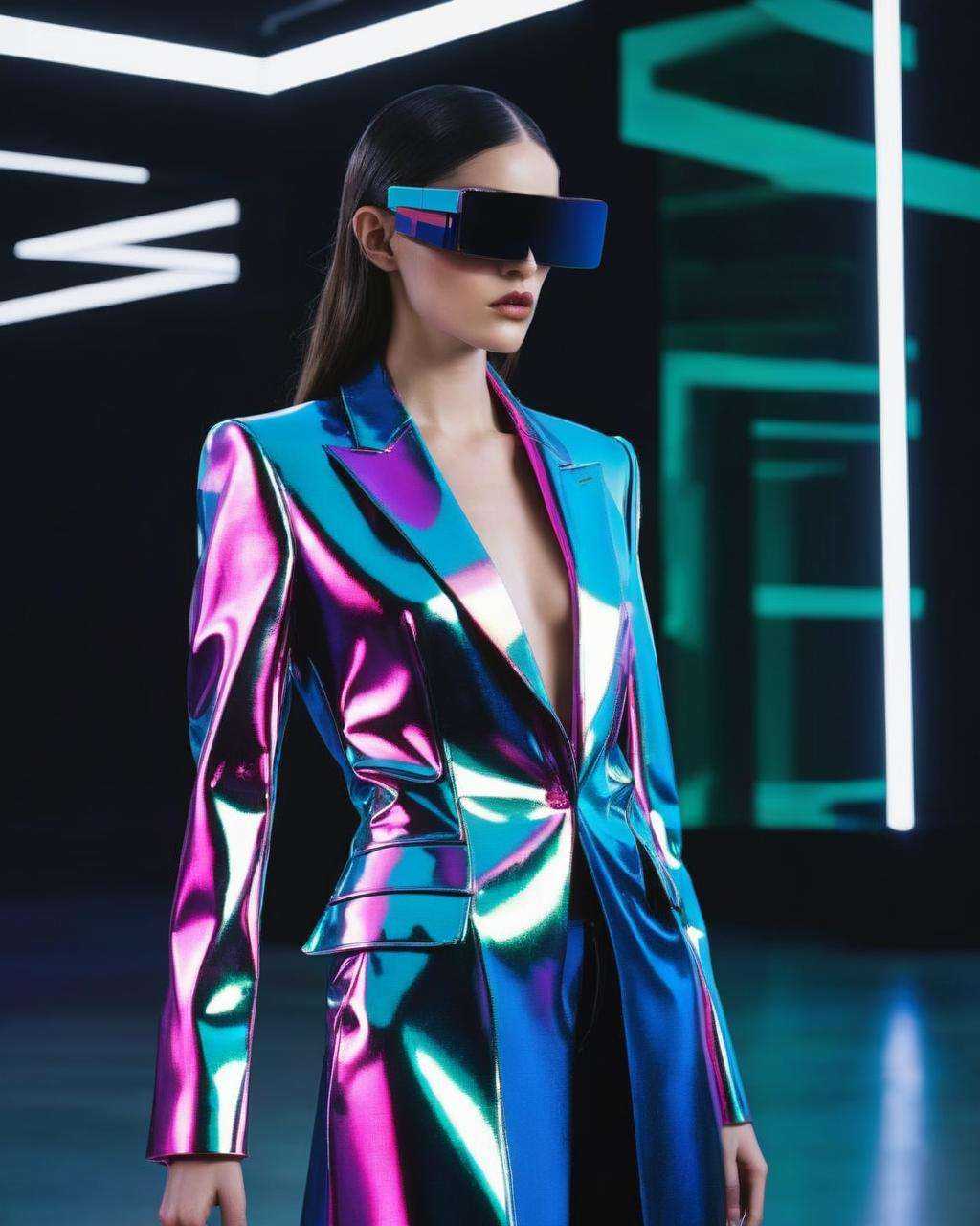 A virtual rebel redefines elegance with post-human posh,  donning glitched chic attire that blurs the boundaries between a...