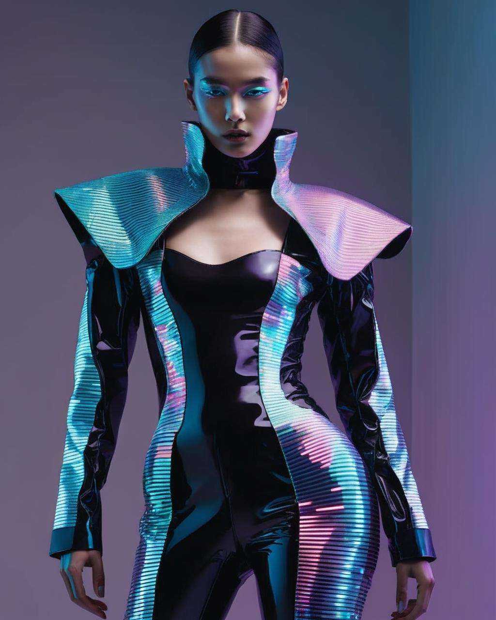 An avant-garde cyberwear ensemble becomes a tech-woven symphony of digital futurism, captivating the fashion world with its glitched elegance.<lora:M_Fashion:1.0>
