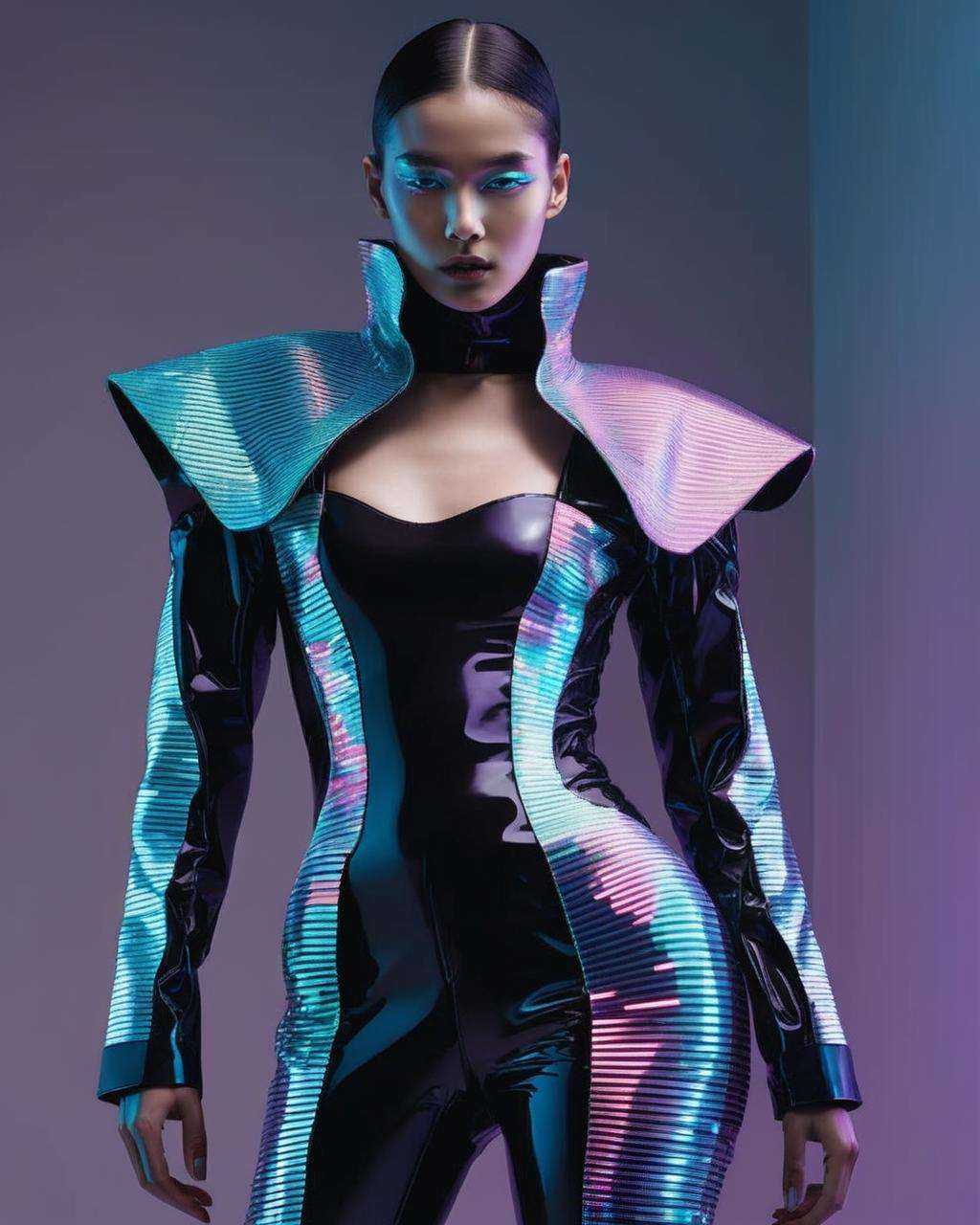 An avant-garde cyberwear ensemble becomes a tech-woven symphony of digital futurism,  captivating the fashion world with i...