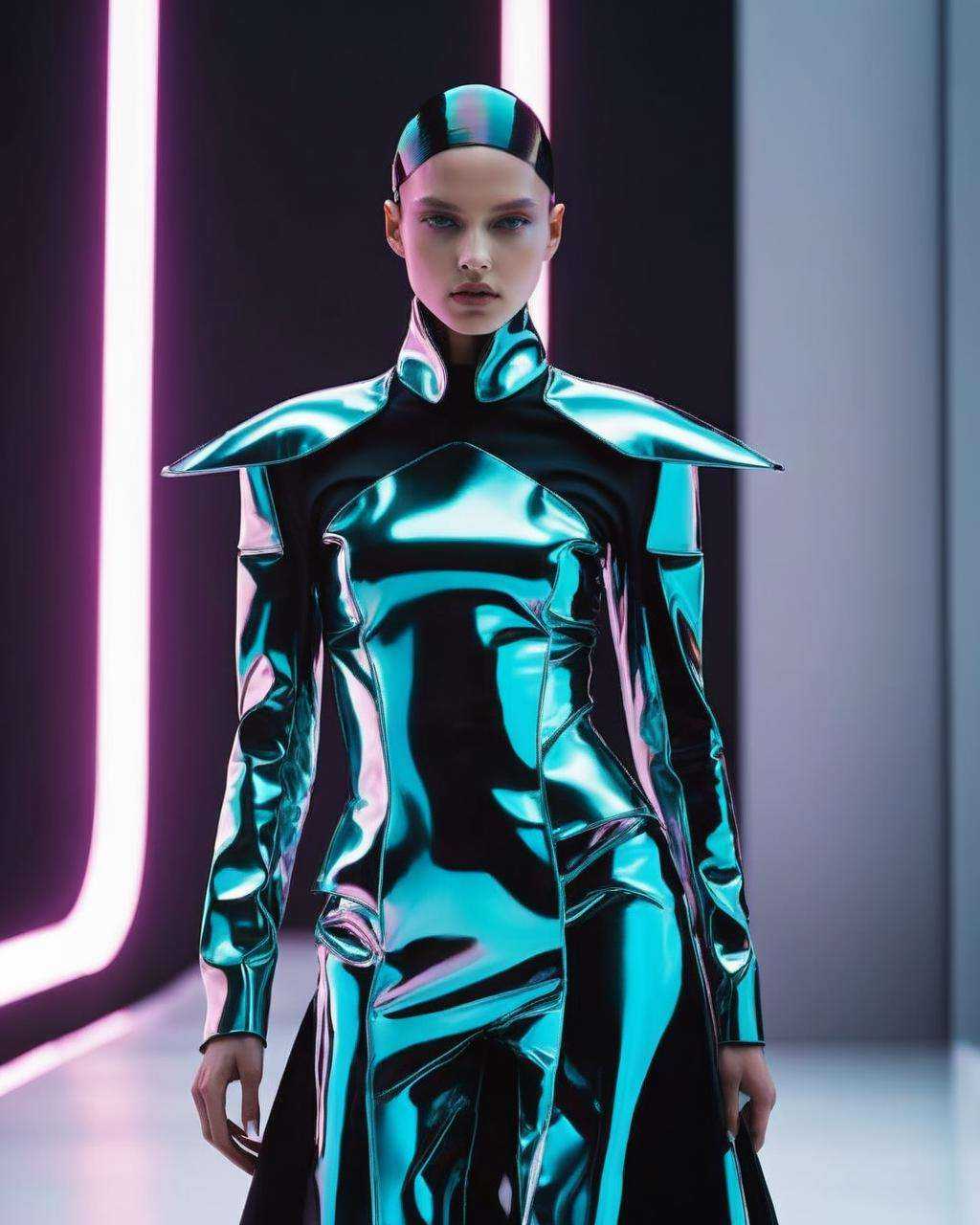 A model adorned in futuristic couture,  her outfit pulsating with glitch aesthetics,  blurring the line between reality an...