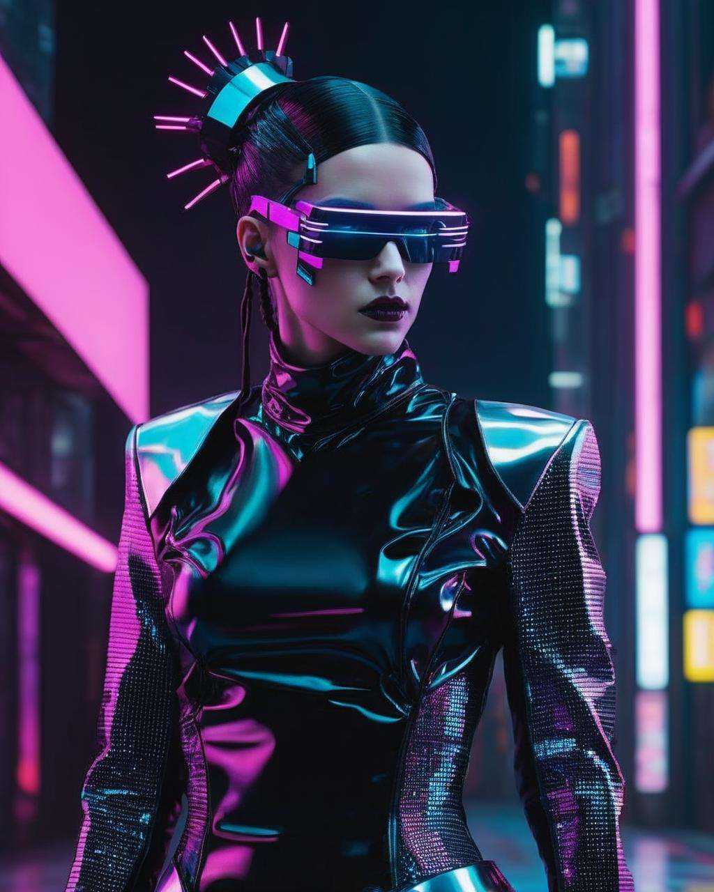 An avant-garde portrayal of a cyberpunk fashionista, her outfit exuding binary elegance, her every movement a testament to glitched perfection.<lora:M_Fashion:1.0>