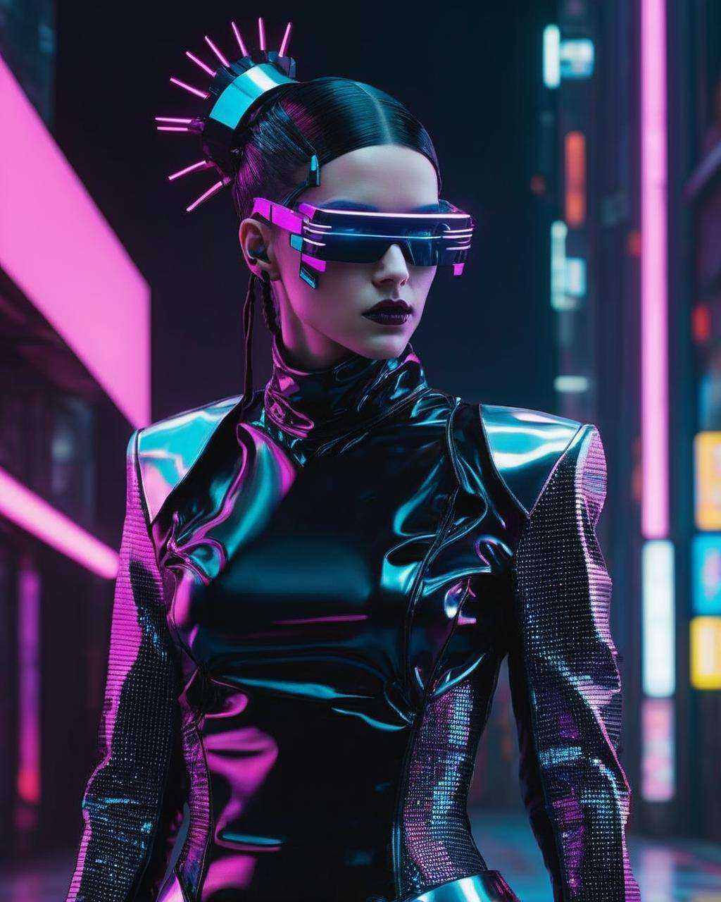 An avant-garde portrayal of a cyberpunk fashionista,  her outfit exuding binary elegance,  her every movement a testament...