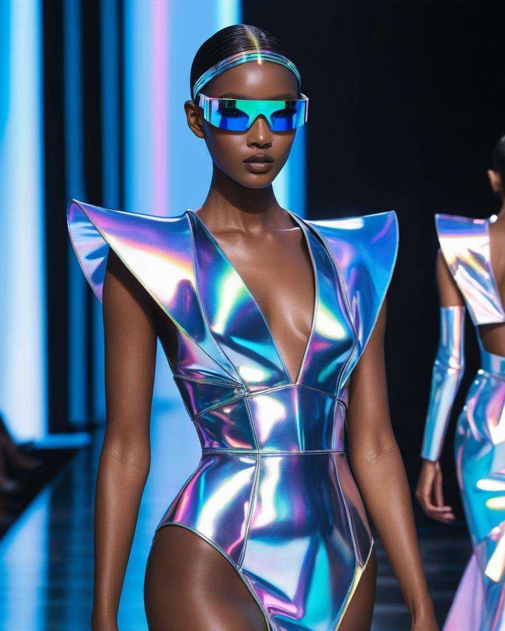 A captivating vision of holographic allure, the model embodies tech-savvy chic, appearing as a cyber goddess strutting down a virtual runway in a fashion revelation.<lora:M_Fashion:1.0>