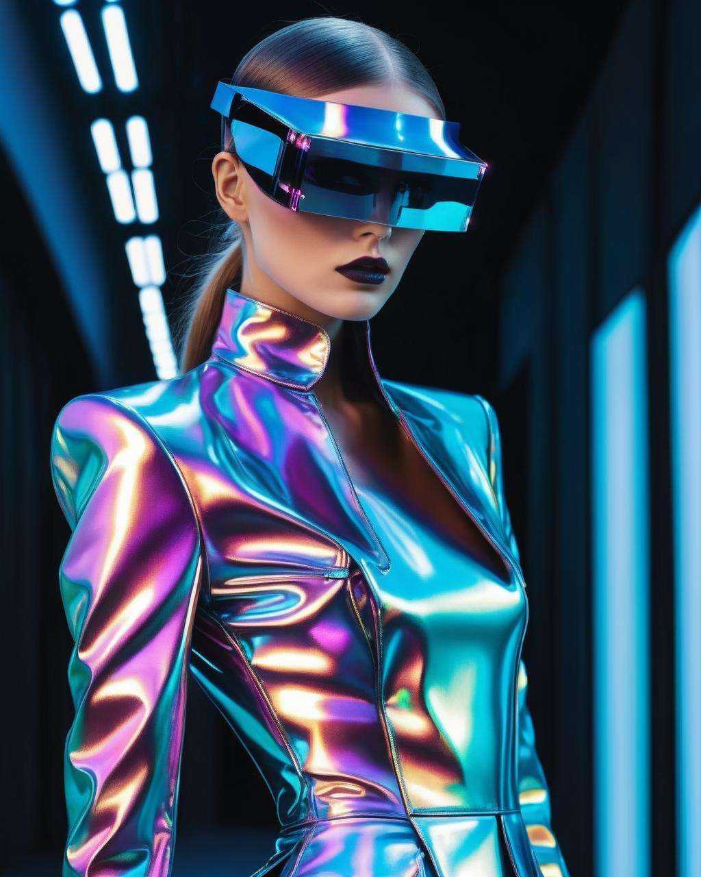 In a cyber-couture revolution, a digital diva graces the scene in holographic haute couture, infusing neo-noir sophistication into the fashion world.<lora:M_Fashion:1.0>