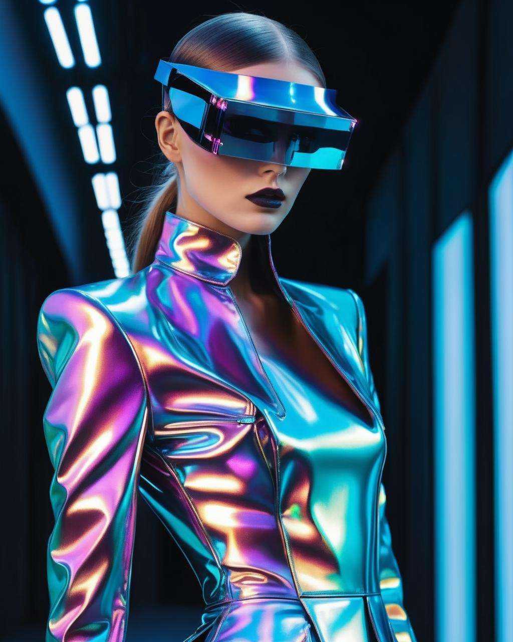In a cyber-couture revolution,  a digital diva graces the scene in holographic haute couture,  infusing neo-noir sophistic...