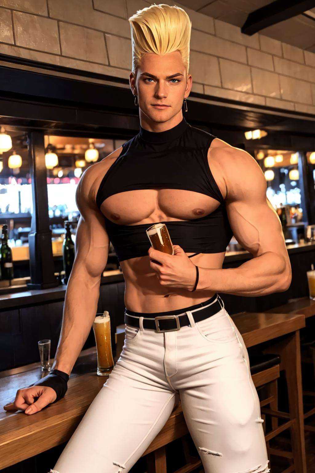 BenimaruKOF,  1guy,  holding beer at the pub on Tensor.Art