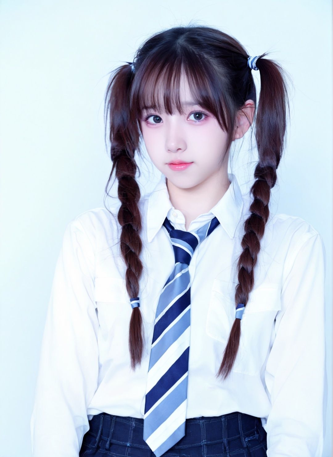 1girl,looking at viewer,long hair,necktie,plaid,realistic,school uniform,shirt,solo,striped necktie,twintails,cowboy shot,white shirt,