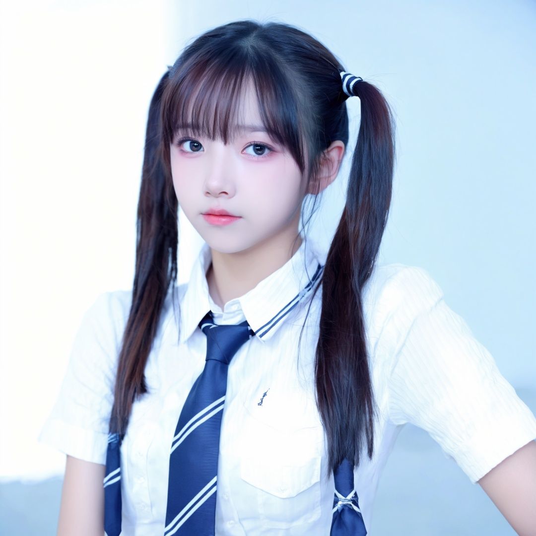 1girl,looking at viewer,long hair,necktie,plaid,realistic,school uniform,shirt,solo,striped necktie,twintails,cowboy shot,white shirt,