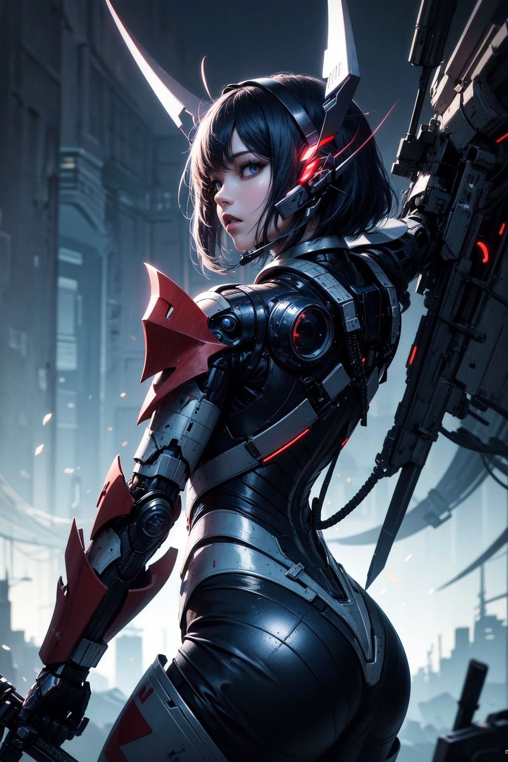 official art, unity 8k wallpaper, ultra detailed, beautiful and aesthetic, masterpiece, ultra quality, ultra detailed, 1girl, mecha armor, mecha headgear, black gradient blue hair, abandon modern city neon light, extremely detailed, dynamic angle, vivid colours, atmospheric, large sword