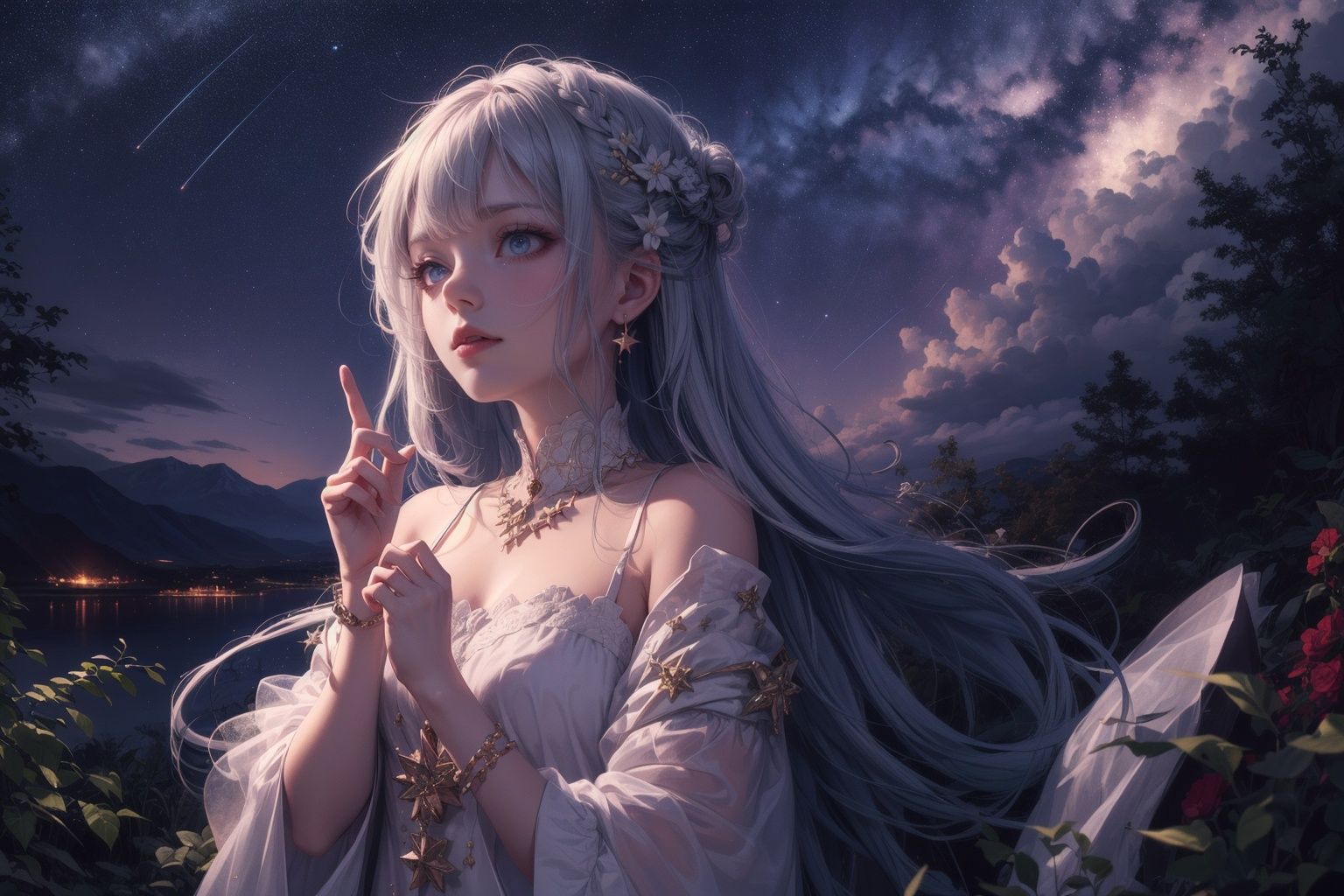 starrycontemplation,(bestquality),calm,(1girl),(stargazing),(enchantingeyes),(celestialhair:1.1),(sereneexpression),(nighttime),(starrysky:1.3),(peacefulvibes),(flowingattire)