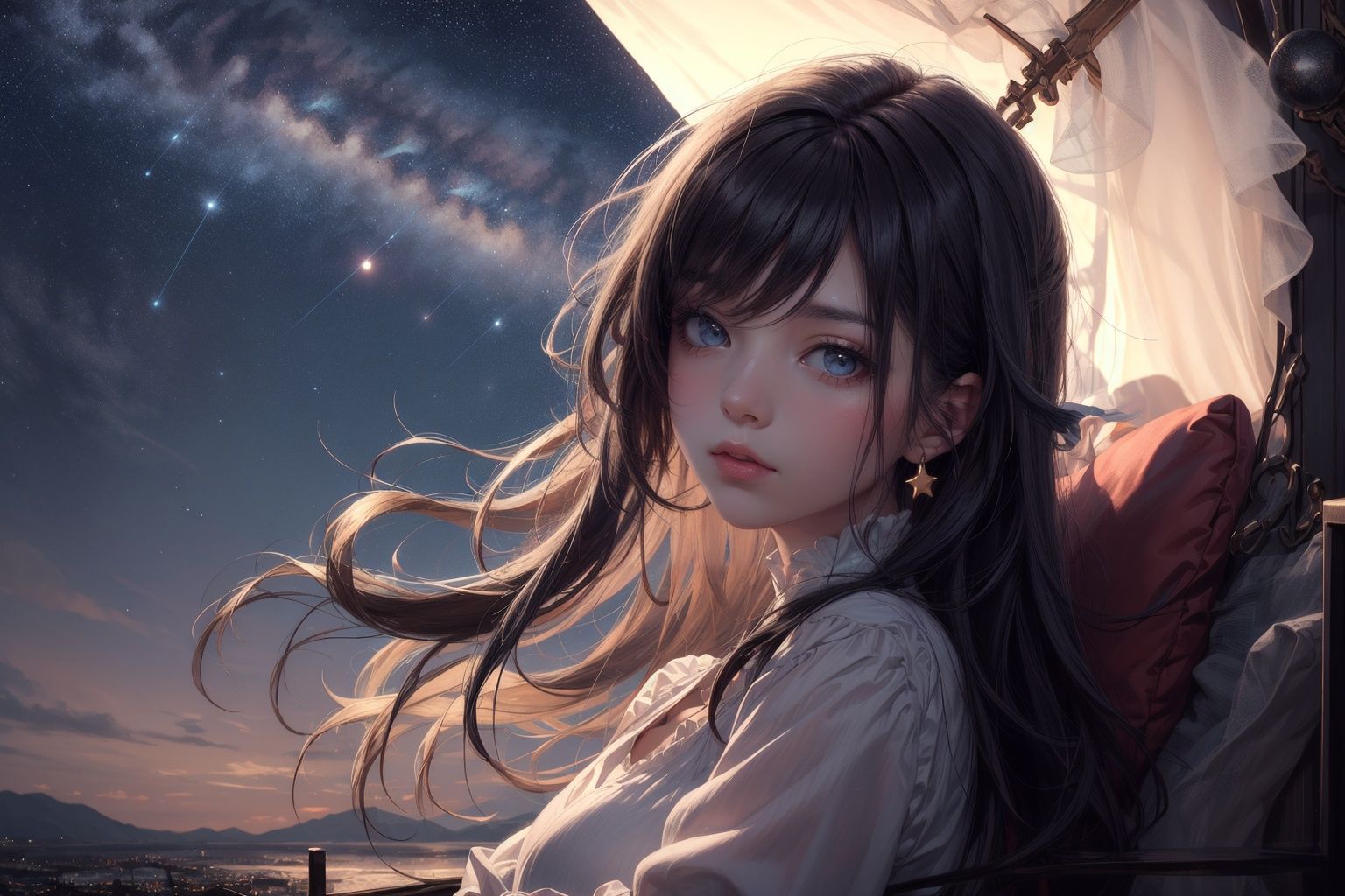 masterpiece, ultra detailed, best quality, calm, 1girl, (softfocus:1.3), (peaceful:1.1), reflective expression, (celestial hair:1.1), 
 nighttime, (starrysky:1.3)