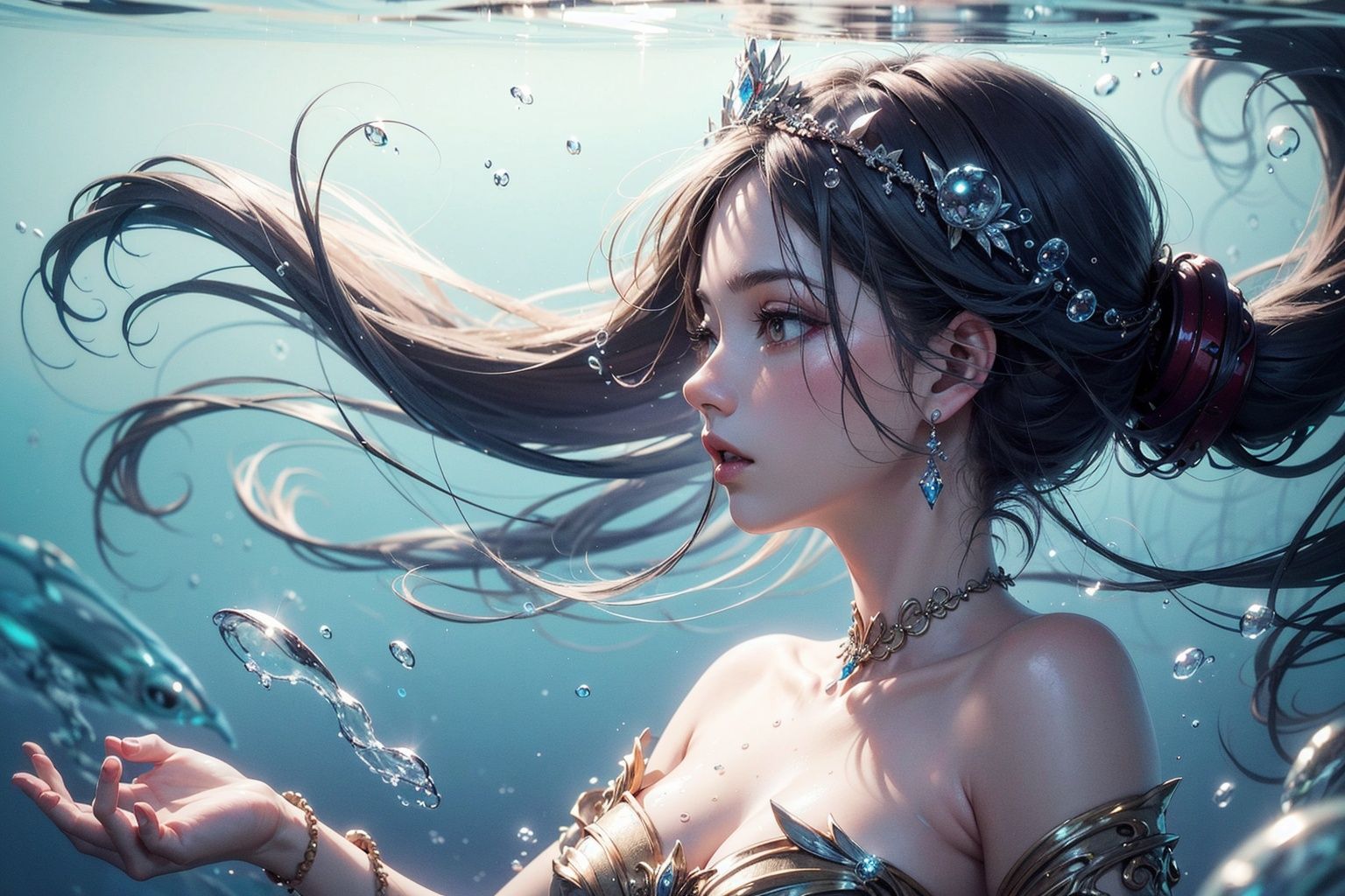 official art, unity 8k wallpaper, ultra detailed, beautiful and aesthetic, masterpiece, ultra quality, ultra detailed, 1girl, goddess of water, elegant goddess dress, expressions, underwater bubbles and dust particles, extremely detailed, dynamic angle, elegant, vivid colours, atmospheric, close view, long hair, side view, upper body