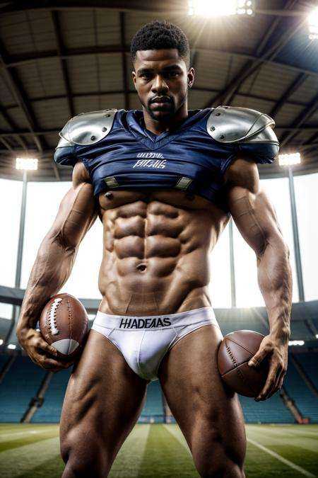 (realistic), (photorealistic), ((masterpiece)), ((best quality)), (detailed), natural lighting, soft shadow, detailed background, photography, depth of field, intricate details, ultra detail, detailed face, subsurface scattering, realistic eyes, muscular, manly, large pectorals, pectorals, abs, photo of a handsome (african man), handegg, football field, jockstrap, holding ball, dynamic movement, shoulder armor,