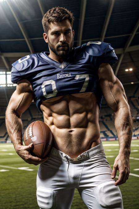 (realistic), (photorealistic), ((masterpiece)), ((best quality)), (detailed), natural lighting, soft shadow, detailed background, photography, depth of field, intricate details, ultra detail, detailed face, subsurface scattering, realistic eyes, muscular, manly, large pectorals, pectorals, abs, photo of a handsome (man), handegg, football field, pants, holding ball, beard, dynamic movement, shoulder armor,