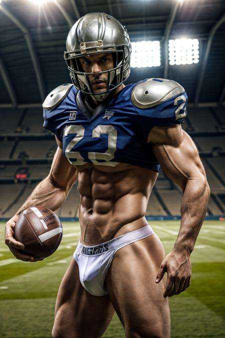 (realistic), (photorealistic), ((masterpiece)), ((best quality)), (detailed), natural lighting, soft shadow, detailed background, photography, depth of field, intricate details, ultra detail, detailed face, subsurface scattering, realistic eyes, muscular, manly, large pectorals, pectorals, abs, photo of a handsome (man), handegg, helmet, football field, jockstrap, holding ball, beard, dynamic movement, shoulder armor,
