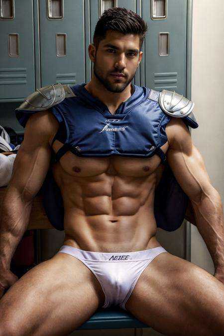 (realistic), (photorealistic), ((masterpiece)), ((best quality)), (detailed), natural lighting, soft shadow, detailed background, photography, depth of field, intricate details, ultra detail, detailed face, subsurface scattering, realistic eyes, muscular, manly, large pectorals, pectorals, abs, photo of a handsome (latino man), handegg, locker room, jockstrap, dynamic movement, sitting on bench, shoulder armor, beard,