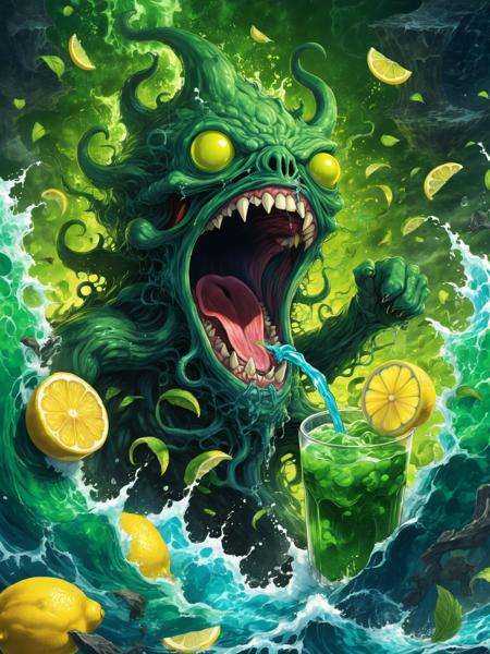 anime artwork Kool aide man chuthulu yelling "Oh yeah!" and crashing through the abyss,  eldritch abomination,  the old go...