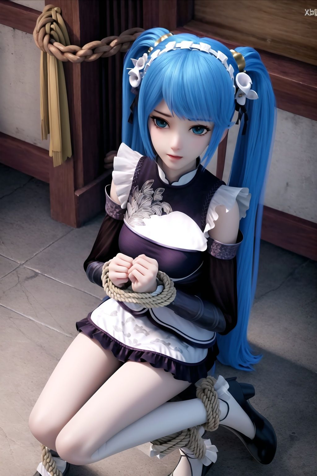 (8k, RAW photo, best quality, masterpiece:1.2),(realistic, photorealistic:1.3), ultra-detailed, extremely detailed cg 8k wallpaper,(crystalstexture skin:1.2), extremely delicate and beautiful,bound, bdsm, bondage, rope, bound_wrists, solo, twintails, shibari, 1girl, handcuffs, high_heels, blue_hair, bound_arms, cuffs, tied_up_\(nonsexual\), long_hair, bound_ankles, shibari_over_clothes, maid, maid_headdress, chain,(full shot), (breasts, medium breasts:0.6, cleavage), looking_at_viewer, 