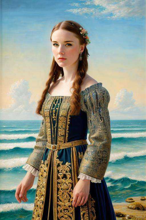 oil painting of wo_jewel01,  a beautiful woman,  sea at the background on Tensor.Art