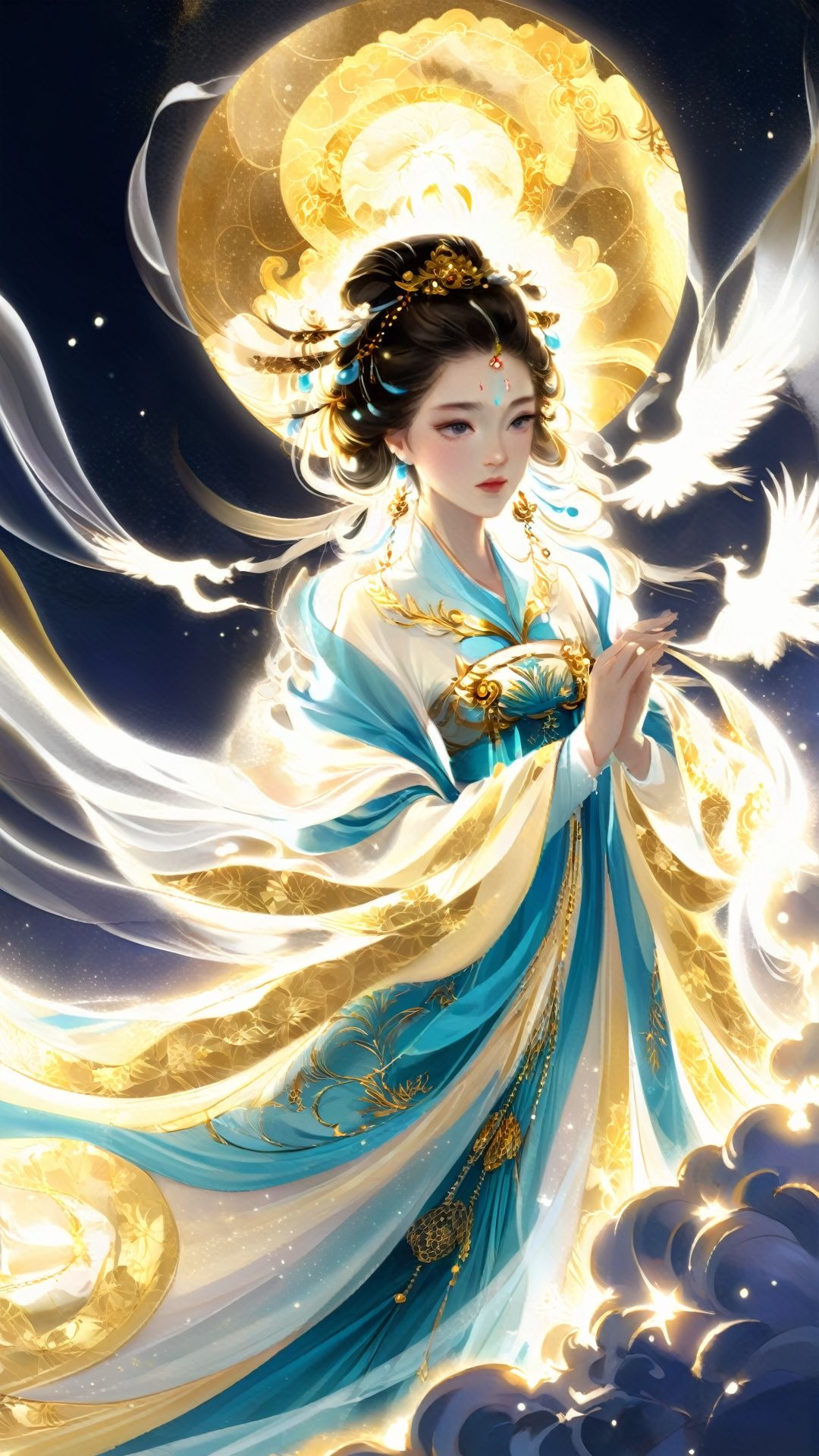 (Chinese gilt illustration style) Complex details,  ink elements,  girls,  Hanfu,  fractal art,  glowing atmosphere,  charming light,  glowing light,  ethereal atmosphere,  charming light,  evocative tones,  charming colors,  dramatic lighting,  charming aura,  1 girl, <lora:EMS-37277-EMS:0.800000>