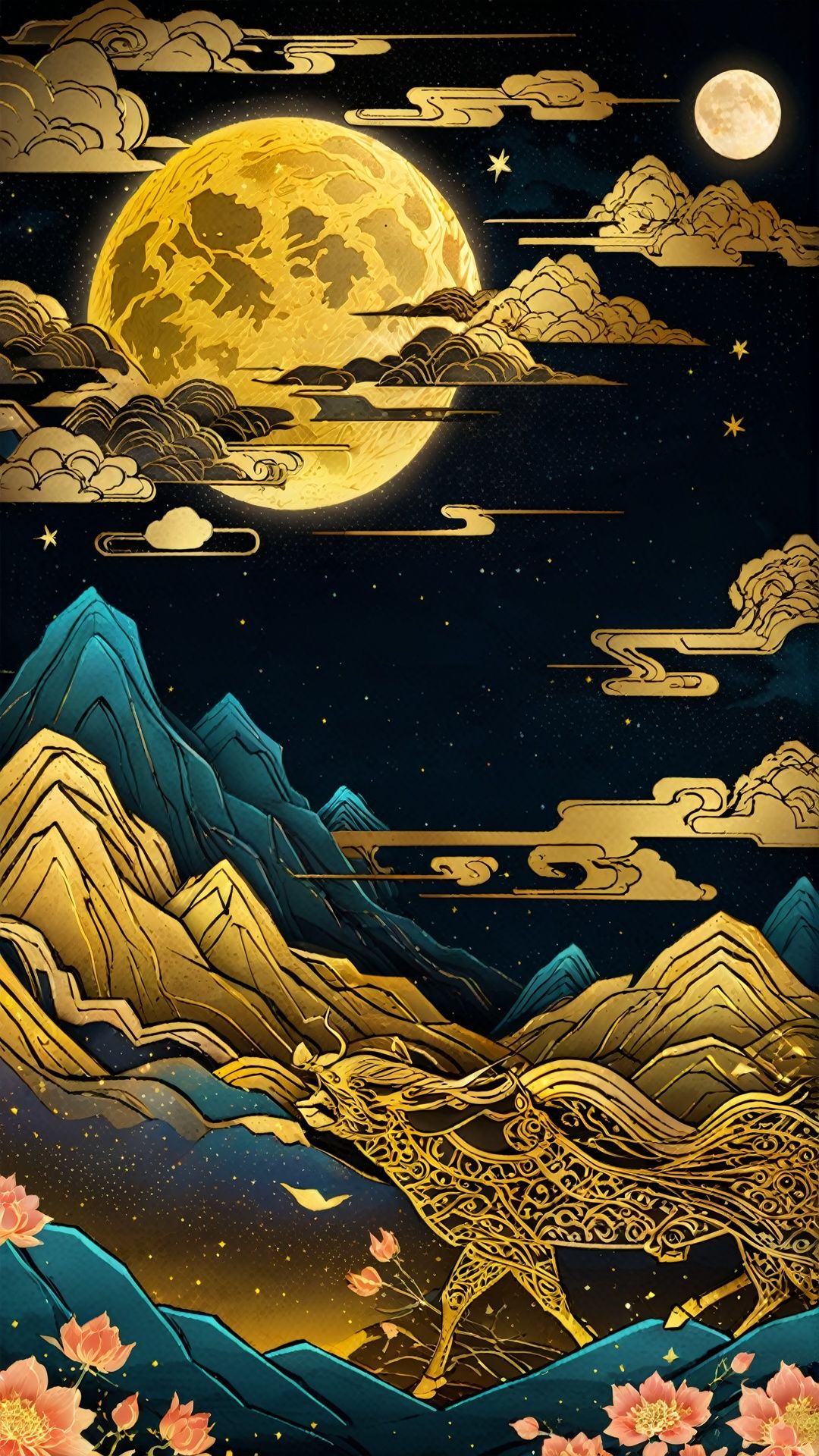 (Chinese gilt illustration style) complex details,  clouds,  sky,  mountains,  flowers,  moon,  night,  lights, <lora:EMS-37277-EMS:0.800000>