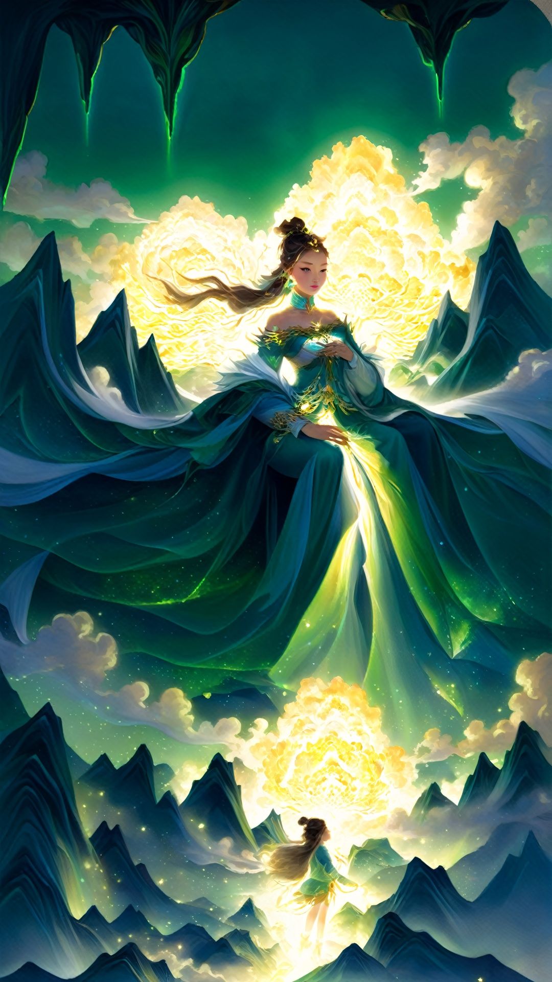 (Chinese gilt illustration style: 1.5) Complex details,  ink elements,  girls,  fractal art,  green mountain glowing atmosphere,  charming light,  glowing light,  ethereal atmosphere,  charming light,  evocative tones,  charming colors,  dramatic lighting,  charming aura,  1 girl, <lora:EMS-37277-EMS:0.800000>