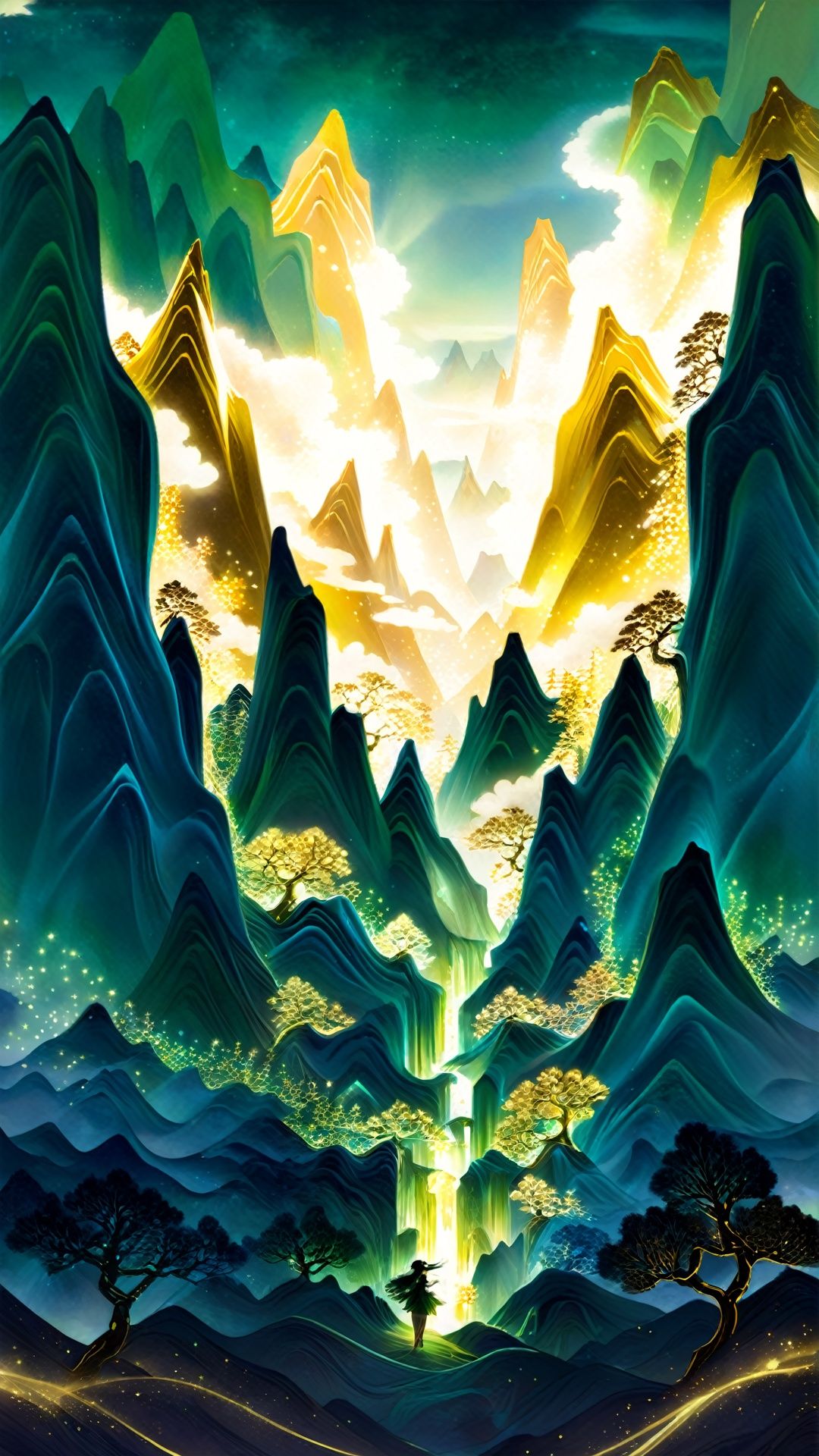 (Chinese gilt illustration style: 1.5) Complex details,  ink elements,  girls,  fractal art,  green mountain glowing atmosphere,  charming light,  glowing light,  ethereal atmosphere,  charming light,  evocative tones,  charming colors,  dramatic lighting,  charming aura,  1 girl, <lora:EMS-37277-EMS:0.800000>