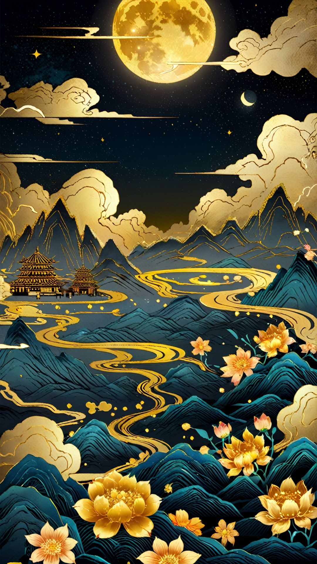 (Chinese gilt illustration style) complex details,  clouds,  sky,  mountains,  flowers,  moon,  night,  lights, <lora:EMS-37277-EMS:0.800000>