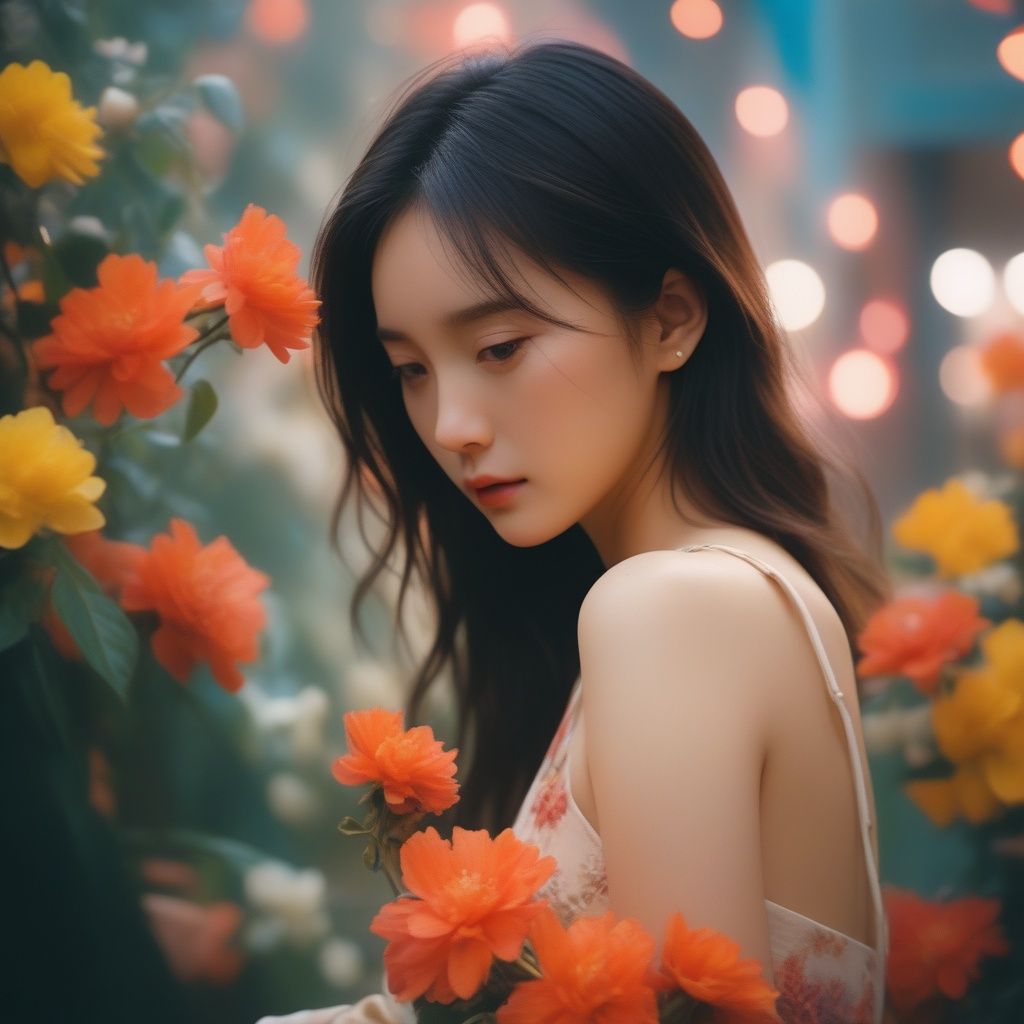 cinematic film still (masterpiece, best quality, ultra realistic, 32k, RAW photo, detailed skin, 8k uhd, high quality:1.2),abstract expressionist painting oversaturated,burned,light leak,expired film,photo of a robot girl crying crowded by busy flowers . energetic brushwork,bold colors,abstract forms,expressive,emotional,chinese_girl . shallow depth of field,vignette,highly detailed,high budget,bokeh,cinemascope,moody,epic,gorgeous,film grain,grainy,