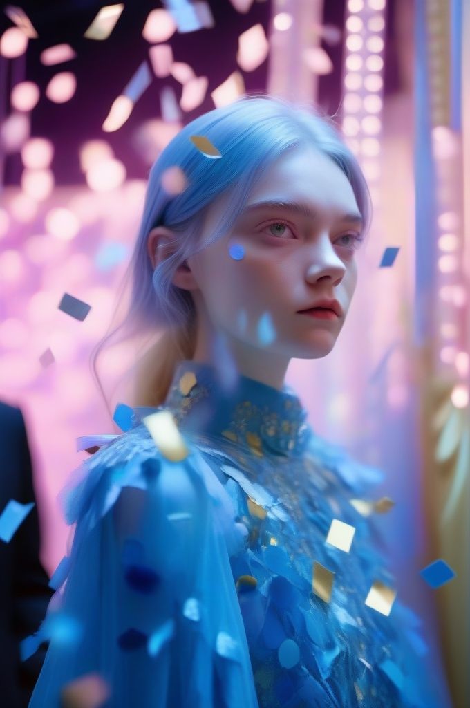 a woman with a camera taking a picture of confetti, inspired by Yanjun Cheng, futuristic fashion show, blue color grading, elle fanning), aleksander rostov, incredibly ethereal, marat zakirov, stålenhag, sharpfocus, official valentino editorial, with dramatic lighting, fadeev 8 k, aurora aksnes and zendaya