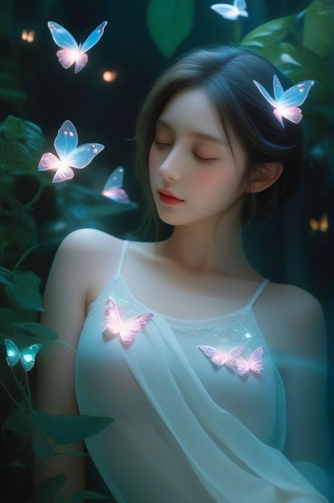 Cinematic of,(fairy girl),cool_vibe,small_nose,realistic artwork,high detailed,professional,upper body photo of a transparent porcelain cute creature,with glowing backlit panels,anatomical plants,dark forest,grainy,shiny,with vibrant colors,colorful,((realistic skin)),glow surreal objects floating,((floating:1.4)),contrasting shadows,photographic,niji style,1girl,xxmixgirl,FilmGirl,aura_glowing,colored_aura,Movie Still,final_fantasy_vii_remake,((big_breast:1.1)),transparent_clothing,(transparent_butterflies are part of her body),sleeping:1.4,((depth_of_field)),